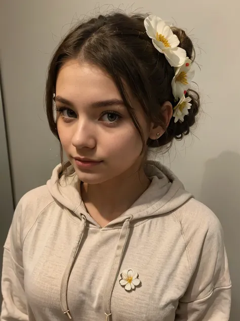 a beautiful 18 yearold brunette, nude hoodie, flower ear, hairbun