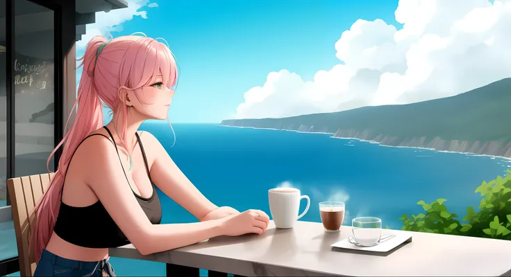 "A woman med boobs with pastel green and pink hair tied in loose waves sits on a simple chair on a balcony built into a cliffside. She wears a black tank top and light denim jeans, her laptop glowing against the backdrop of a star-filled sky. The ocean far...