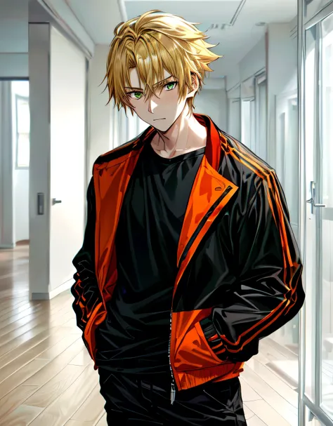 anime style picture of a man in a black shirt and orange jacket,black pants,green eyes,hands in pocket,blonde hair,spike hair,forehead,closed mouth,(indoor room),(indoor),trending on pixiv,2D anime,standing,