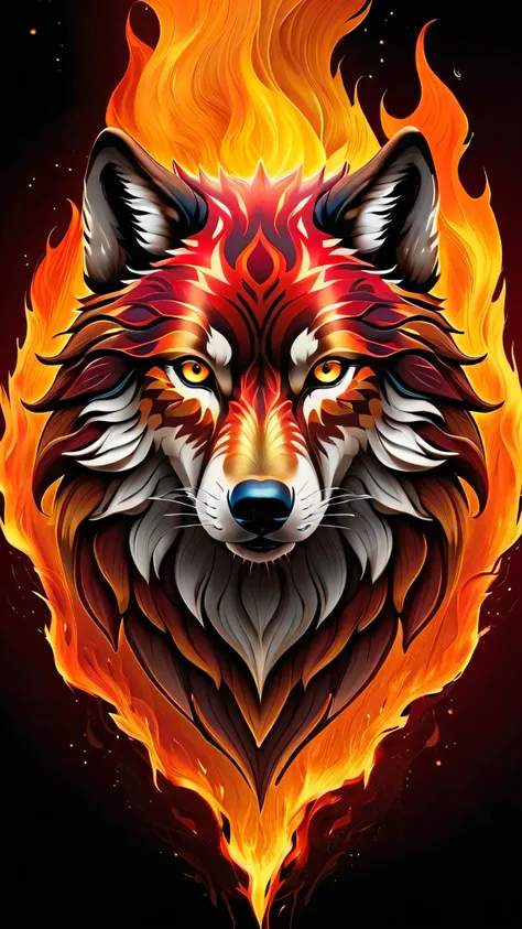 wolf head,  Looking straight ahead, made of fire, Ojos rojos