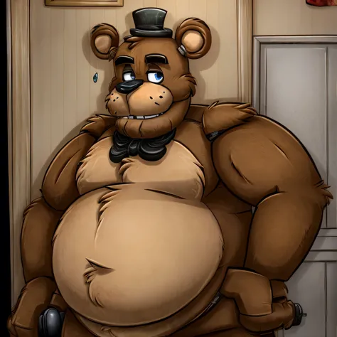 Anthropomorphic, male, elderly old, Freddy naked, exposing his big fat round belly.