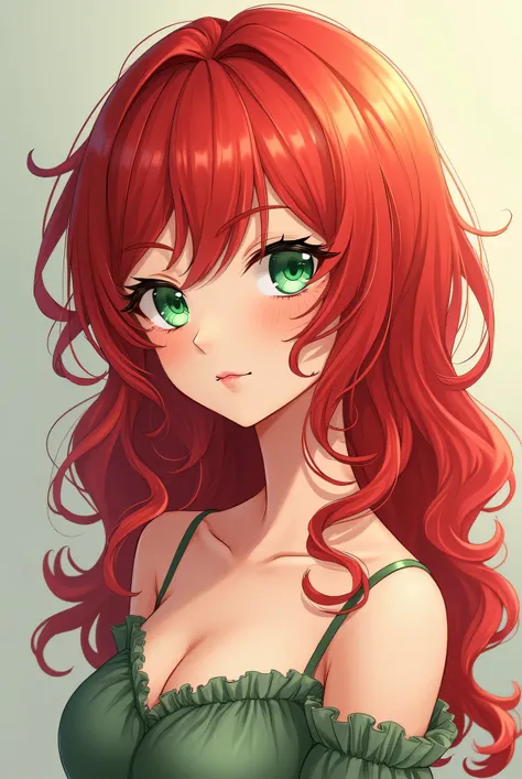 anime girl, Redhead, Green Eyes, Very cute, very feminine, curly hair, Thin, but with beautiful curves on her body, White skin,