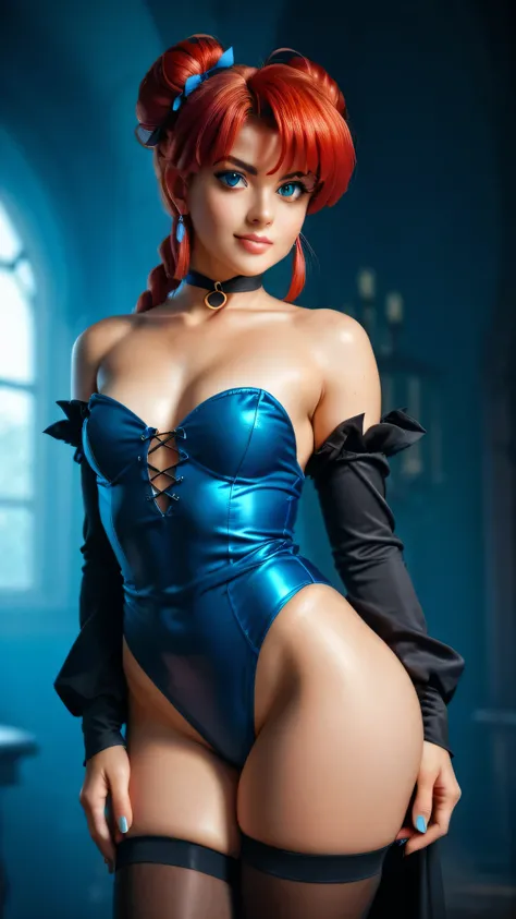 ranma chan, redhead,  A woman  , long straight red hair,  bright and expressive blue eyes, she opted for a witch costume ,  small breasts ,  Not suitable for work,   big ass,  thick thighs ,  wide hips , Desde atrás