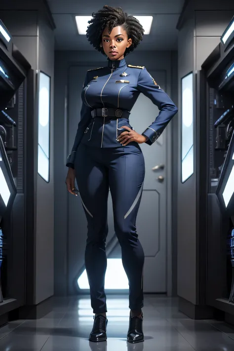 A full-body image head to toe including feet of an African-American woman in her early 40s named Professor Carter, standing in a high-tech, futuristic command center. She has short natural hair with distinguished grey streaks and wears a dark blue uniform ...