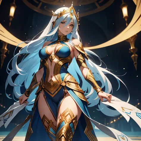 1 white woman. full body,  long straight blue hair. goddess. modest clothing,  blue tight wrestling clothes with gold details .  tribal body tattoos. imposing look.