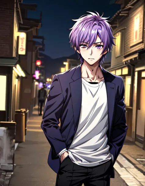 purple jacket,white shirt,standing on a street,hands in pocket,forehead,short hair,anime handsome man, young anime man,trending on pixiv,smooth anime cg art,purple hair,purple eyes,(beautiflul details eyes:1.5),closed mouth,