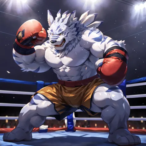 ultra quality:1.4, 4k, high resolution, best quality, color, smooth comics style, takemoto_arashi style, wfa style, solo, weregarurumon:1.0, muscles:1, heavyweight, massive build, vascular veins, anime martial arts, sweat:1.2, strong:1, masculine, (in a bo...