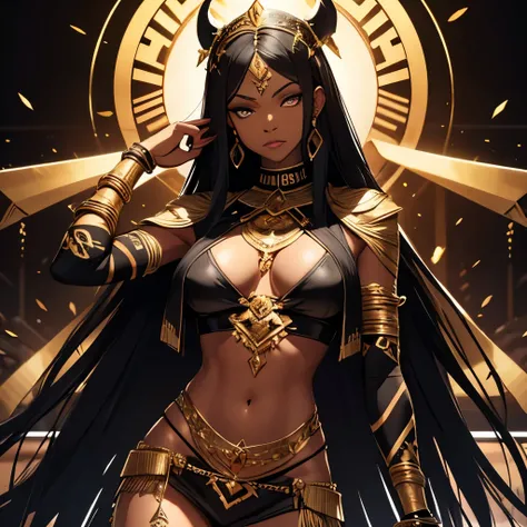 1 black woman. full body,  Long straight black hair . goddess. African leather fighting clothes, black with gold details.  tribal body tattoos. imposing look