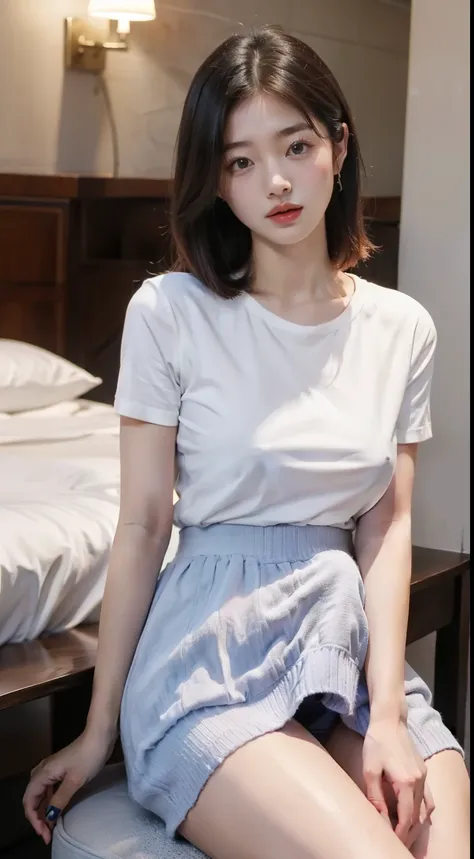 ​masterpiece、 highest image quality taken by Ki:1.2、((Beautiful young woman with))、 Clear Skin:1.2、{ embarrassing}、(Cute)、Short sleeve knit、、 luxury hotel、 depth of writing、 skirt 、Erection under clothes