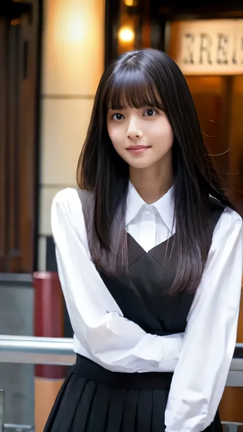 Highest quality,4K,8k,High resolution,masterpiece:1.2,Very detailed,A girl exuding fatigue,long, flowing black hair,Delicate features,Thinking eyes,White skin,Happy expression,Great atmosphere,Wearing a uniform、Gazing into the distance,,Romantic atmosphere...