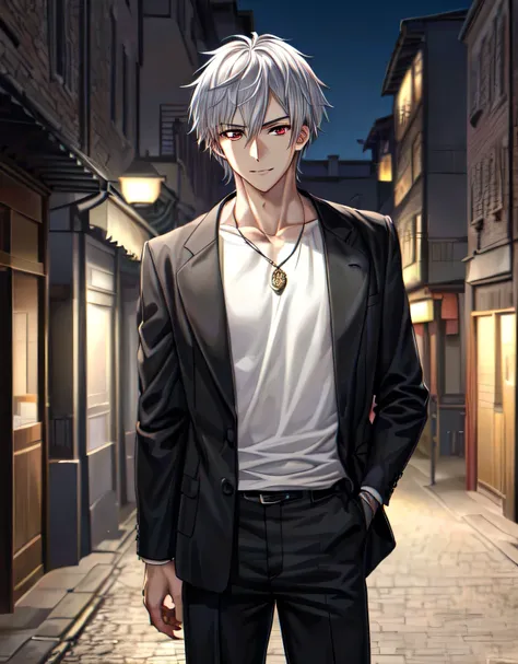 black jacket,white shirt,necklace,standing on a city street,at night,tall anime guy,
(red eyes),anime handsome man,21 years-old,white hair,silver hair,male,trending on pixiv,smooth anime cg art,((masterpiece)),((best quality)),8K,16K,(beautiful detailed ey...