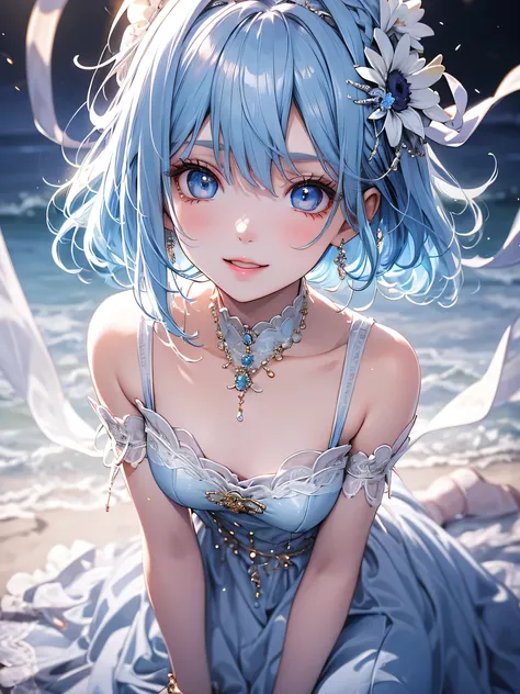  art de Cornflower ,( Moroccan masterpiece ),(4K), high quality ,small breasts,1fille, beautiful pastel blue hair ,Pale skin,beau sourire, beautiful detailed blue eyes,( light blue dress with collar ),(multi-layered outfit ), ( Stylish high resolution ), c...