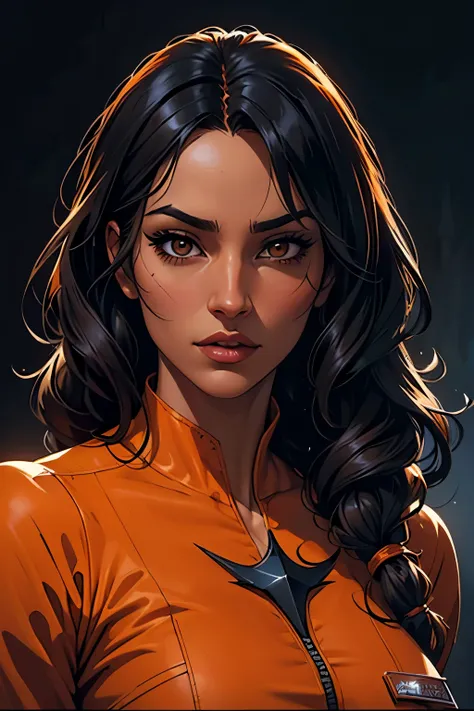 Beautiful woman in an orange prison jumpsuit, with long curly black hair, brown eyes, nubian nose, full lips, in arkham asylum, villain, High Resolution, Masterpiece, Accurate, Anatomically Correct, Award Winning, Detail, Simple background, Close-Up, Solo,...