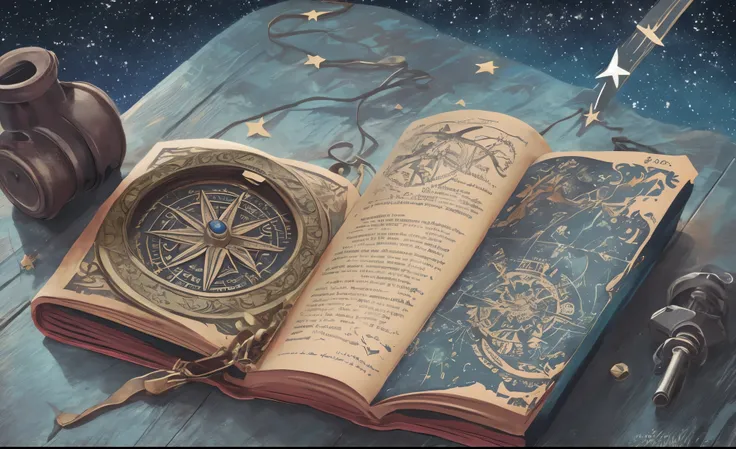 wooden compass, pirate, book, night, stars