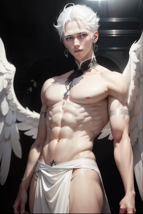  A man with huge white wings ,  albino hair and silver eyes with fair skin, dark circles and earrings 