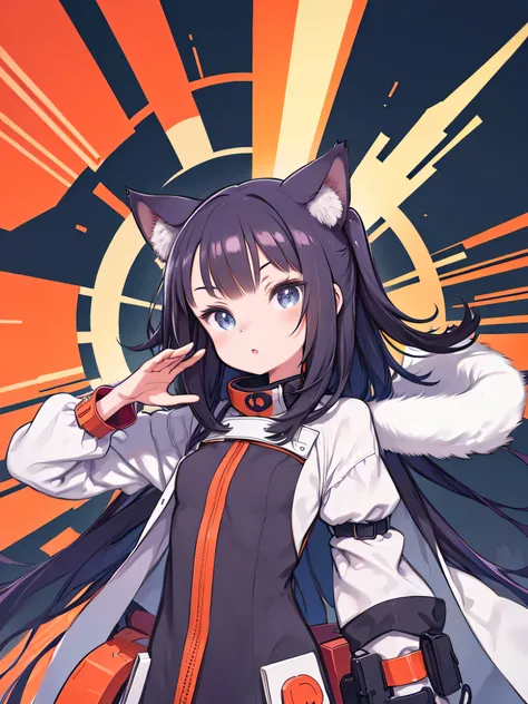  one girl, kemono,  furry , No Shadow,  flat design , Vector art、Anime girl with long hair and cat ears