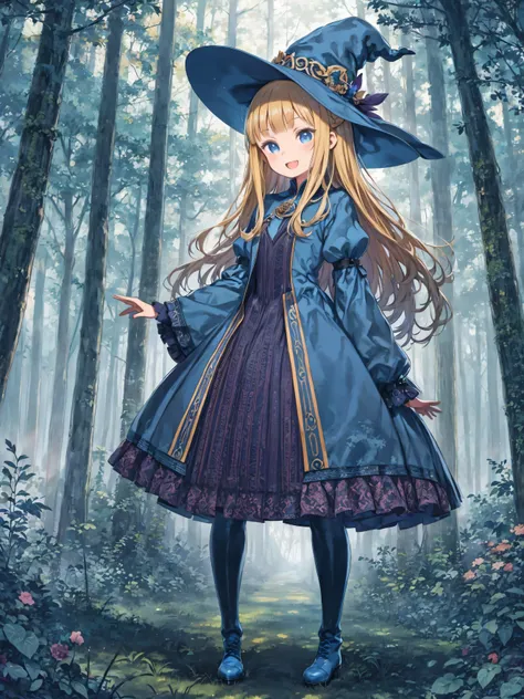 masterpiece,  young lady taller than witch P123 , very detailed,  absurd, Pose of a , one girl, Alone,  blondes,  long hair,  blue eyes, Blue Boots, Blue clothes,  Long Sleeve , farm work , in the forest , Young lady pose,smile,  open your mouth,