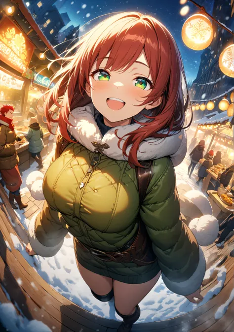 1 girl, Game CG, best quality, masterpiece, 8k, fisheye lens,
shallow depth of field, a portrait with a soft Gaussian blurred background, creating a dreamy atmosphere, 
full body, happy atmosphere, Amused Smile,

(red Hair, spiked hair, deep green eyes, Up...