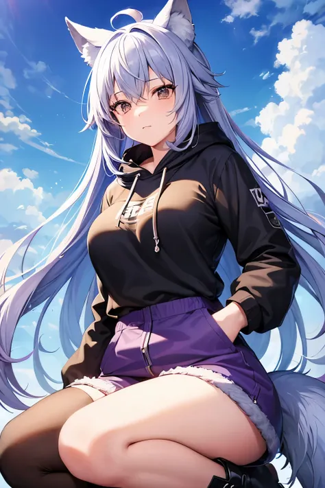  1 girl,  Ice Lavender Colored Hair, Wolf ears and tail, brown eyes,  long hair, Around town,  long hoodie,  shorts ,  long boots,  knee-high socks, Big Breasts,（masterpiece, Highest quality and highest image quality）