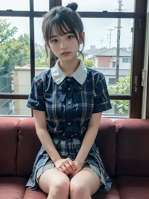   very detailed CG Unity 8k wallpaper、  top quality 、  very detailed、masterpiece、reality、reality、  very detailedなかわいい女の子、(Japanese Uniform)、(( In the morning:1.4))、(( Shot from a little below :1.4))、((  is sitting on a red couch  :1.4))、、Cleft lip、  watchi...