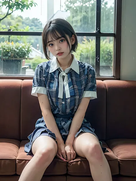   very detailed CG Unity 8k wallpaper、  top quality 、  very detailed、masterpiece、reality、reality、  very detailedなかわいい女の子、(Japanese Uniform)、(( In the morning:1.4))、(( Shot from a little below :1.4))、((  is sitting on a red couch  :1.4))、、Cleft lip、  watchi...