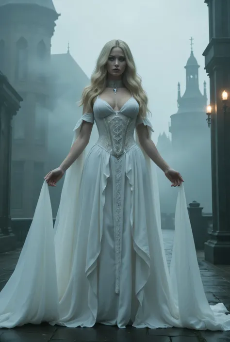  A curvy blonde vampire with long sharp nails and fangs, red pupils ,  dressed in a white gothic dress ,  stands against the background of the palace in the fog .