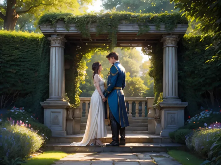 A secluded garden, behind the grand castle, bathed in the golden light of a setting sun, the view captured from behind the figures. A tall prince, wearing an exquisite royal outfit in deep blue and gold, with intricate embroidery, sits on a weathered stone...