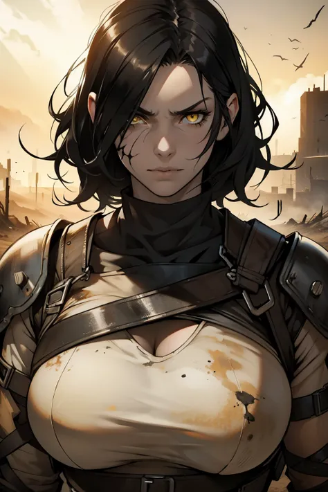 charred ground wasteland mad max aesthetic alone black hair yellow eyes pale skin huge muscles large breasts pensive girl