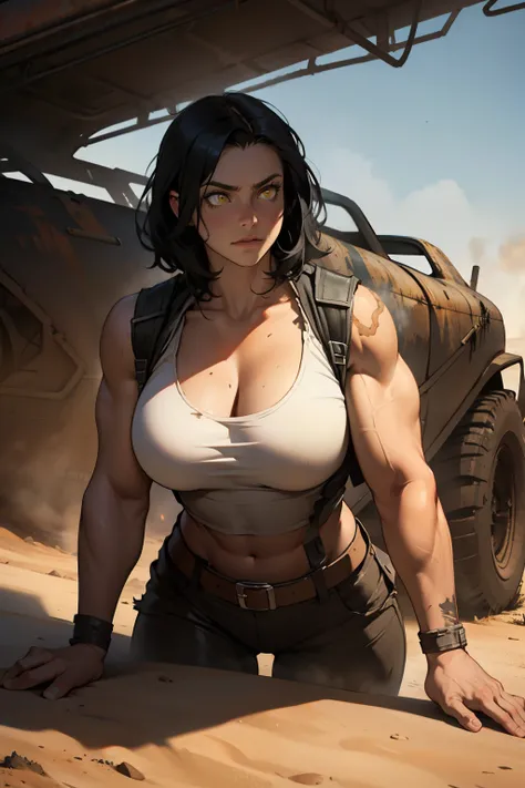 charred ground wasteland mad max aesthetic alone black hair yellow eyes pale skin huge muscles large breasts pensive girl