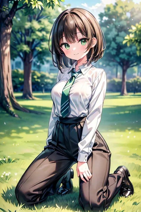 (extremely detailed, 8K resolution, with sharp focus, masterpiece, best quality, Moe Art style, safe for work:1.3), 1 cute lady, slender full body, kneeling on the grass in the park, dress shirt, brown pleated pants, brown medium straight hair, detailed da...