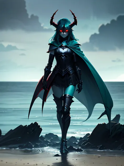 dark fantasy art, ((horror art)), full body art, monster girl, standing on a pier, hands down, ((dark turquoise skin)), red eyes, closed helmet, horned helmet, mechanical implants, dark gray cape, dark wood, pier, dark clouds, gloomy sky, front view, ocean...