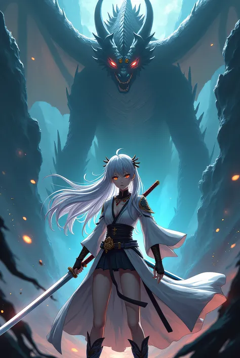 Sexi Guerrera silver-haired anime with a katana about a dragon from the abyss 