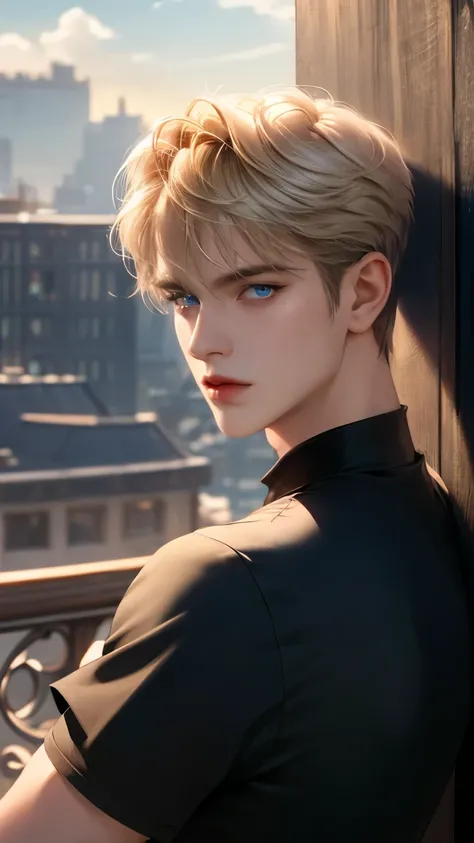 (masterpiece,best quality,ultra_detailed,highres,absurdres) (detailed shadow) (quality light),1 ((mature)) male, 30-ish, ((wide shoulder)), male focus, solo, short blond Quiff hair with Soft Fringe (bangs part on side 3:7 ratio), light blue eyes (detailed ...