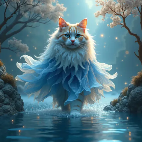 Une représentation artistique dune magnifique  d un chat  maine coon aux détails minutieux , avec un maquillage complexe, surréaliste, vêtus dune tunique bleu et blanche, de fils blanc à lélégance complexe, créant un effet visuel captivant et surréaliste. ...