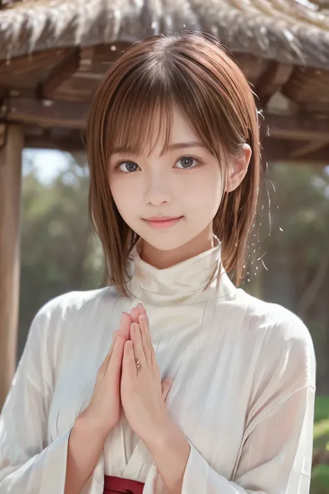 (Close up portrait of a girl with slender small breasts and long bangs In a white kimono and scarlet long skirt:1.5)、(Girl pray and put her palms together in the Japanese shrine precinct with small smile:1.5)、(Beautiful blue sky :1.3)、(Perfect Anatomy:1.3)...