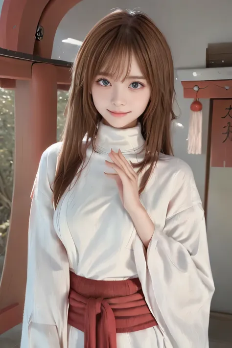 (Close up portrait of a girl with slender small breasts and long bangs In a white kimono and scarlet long skirt:1.5)、(Girl pray and put her palms together in the Japanese shrine precinct with small smile:1.5)、(Beautiful blue sky :1.3)、(Perfect Anatomy:1.3)...