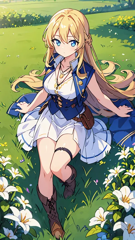 1 adult woman in a field, long blonde hair, medium breasts, blue eyes, pendant, sleeveless jacket, white top, brown flowy skirt, brown boots