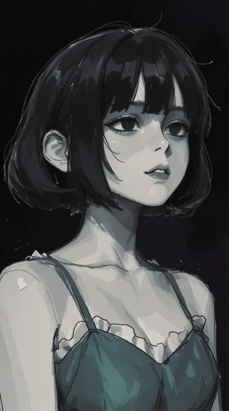 (highest quality, sketch:1.2), High resolution:0.75, Illustrator,anime, 1 girl, detailed lips, green dress,custom, (Dark monochrome background),neon hair,Texture Cropping, masterpiece, style, Retro Classic, Dark Black, Art Station, sketch book, short hair ...
