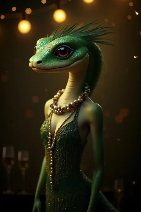 “An anthropomorphic snake with smooth, emerald-green scales and large, reflective black eyes, dressed in an elegant 1920s-inspired outfit, featuring a shimmering flapper dress adorned with intricate beading and fringes. The snake wears a chic feathered hea...