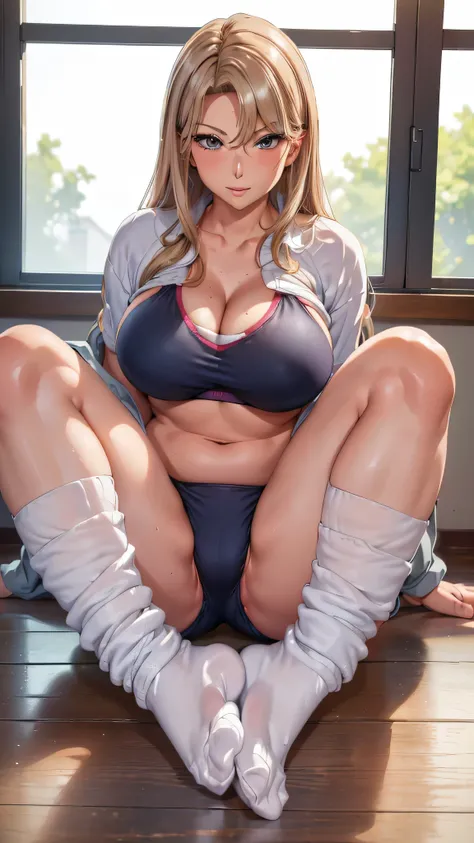 (masterpiece,  high res,  top quality :1.3), professional artwork, 8k,  very detailed,((( beautiful legs))),(( sexy shorts)),((Gym clothes)),(()),(()),(((Mature Woman))),((( sexy bras that reveal hands and feet))),(( loose socks)),(( beautiful feet)),(()),...