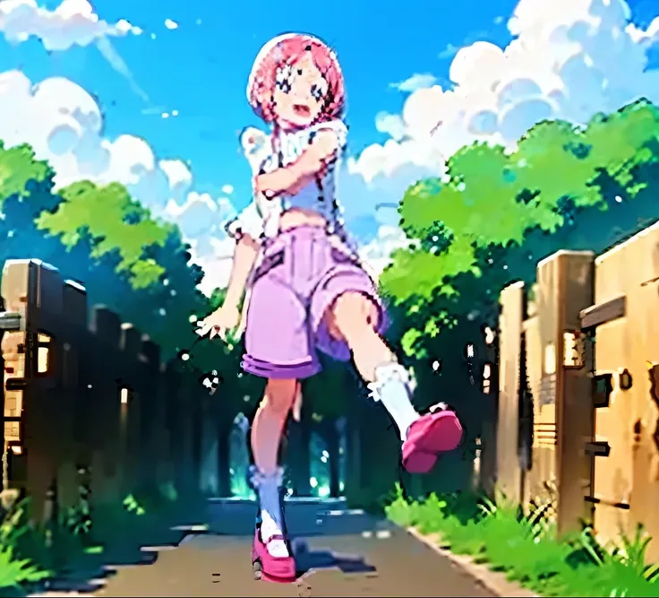  one girl、 Pink Hair、Bob、 white shirt、pink wide shorts、smile