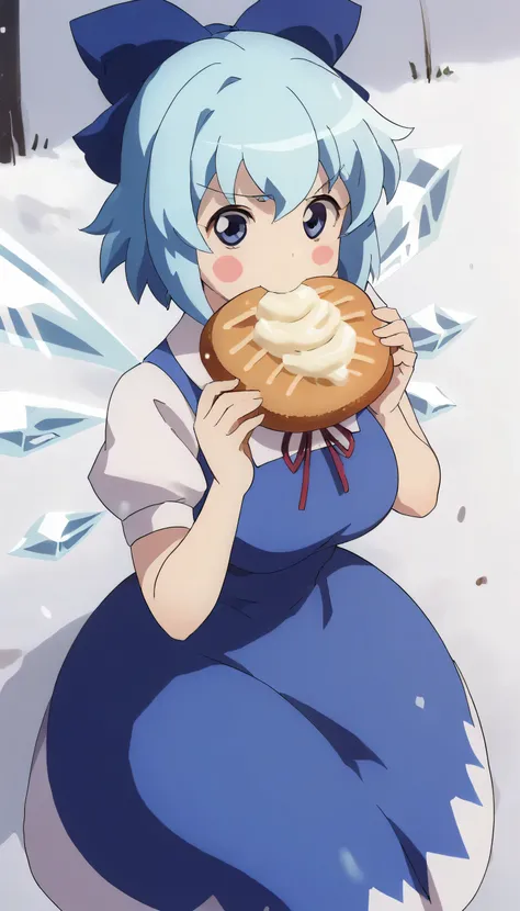 masterpiece,best quality
Huge_breasts,solo, food, eating, 1girl, , , bread, looking_at_viewer, melon_bread, holding, , holding_food,An igloo of ice and snow,Cirno
blue bow, blue dress, dress, ice, ice wings, wings