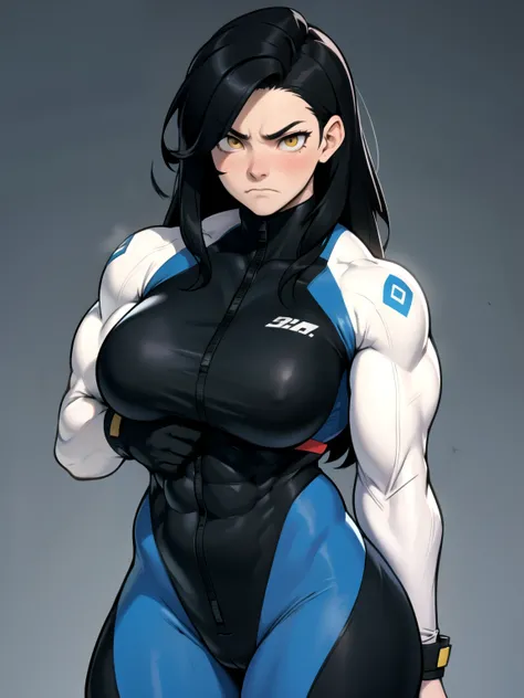 massive breasts huge breasts ((((muscular girl)))) ((((muscular girl)))) ((((muscular girl)))) toned body skinsuit long hair black hair yellow eyes pale skin serious look empty eyes sad frown embarrassed embarrassed embarrassed embarrassed 