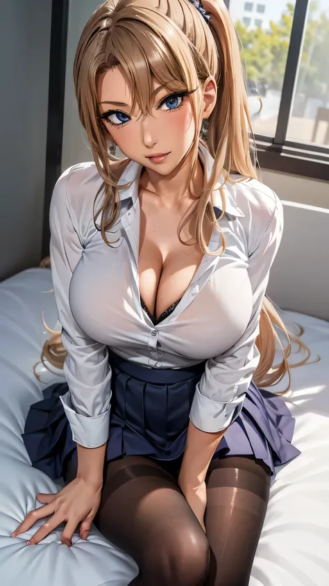 (masterpiece,  high res,  top quality :1.3), professional artwork, 8k,  very detailed,((( gal))),(( Pleated Miniskirt )),(( beautiful legs)),(( high school girl)),(( school uniform)),(( pantyhose)),(((Mature Woman))),((( sexy bras that reveal hands and fee...