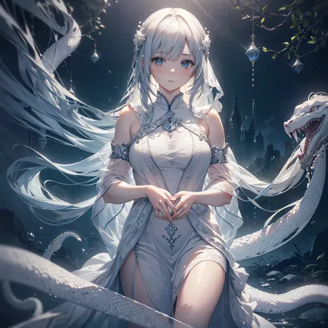 Arrival, Realistic detailed white snake、 highly detailed scale 、White Snake, shining supernatural energy、coiled body 、 fantasy, intricate pattern 、flowing motion、 mystical atmosphere、 gentle expression 、natural environment、 natural light、ambient fog 、moody...