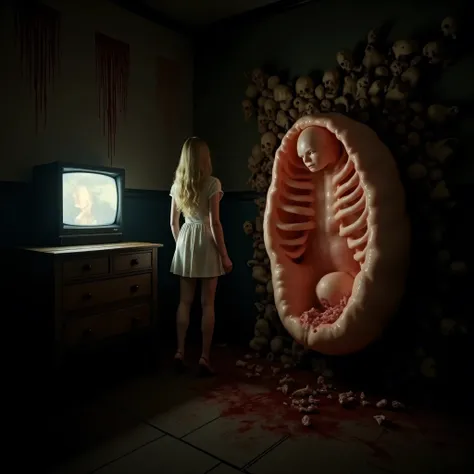 "(the best lighting,  high contrast , dark, dramatic),(mujer rubia junto a un fetus gigante de gelatina, Open the rib cage, fetus, autopsy, human bones, blood on the walls), tv on . Light Caravaggio"