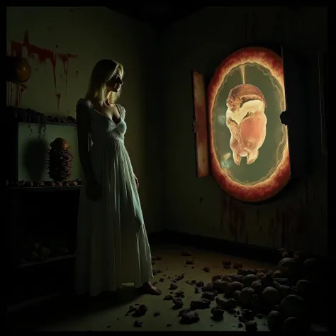 "(the best lighting, high contrast , dark, dramatic),(mujer rubia junto a un fetus gigante de gelatina, Open the rib cage, fetus, autopsy, human bones, blood on the walls), tv on . Light Caravaggio"