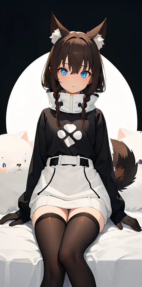 (masterpiece,  top quality ,no appendages ), girl , dog ears and fluffy tail , blue eyes, medium brown hair ,,change, large size sweatshirt, black stockings,Plain background