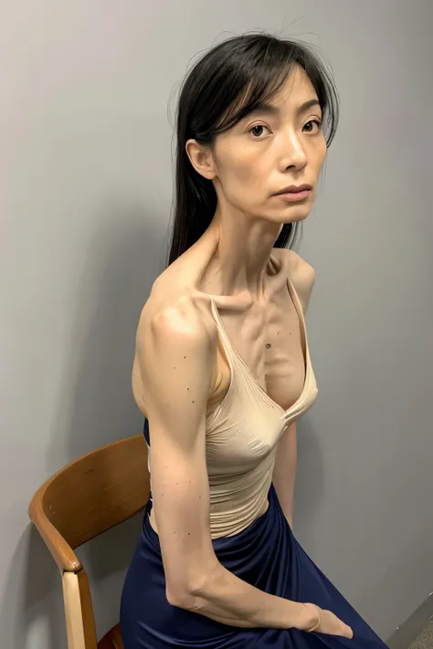 (Photorealistic),(Masterpiece),(ultra-detailed), a very beautiful, very extremely veiny and extremely thin anorexic mature Asian woman who is literally just skin and bones because of being severely malnourished and looks so fragile and delicate and has lar...