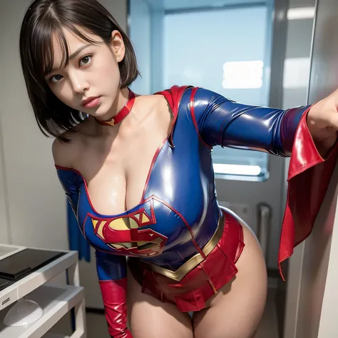 masterpiece、 latex supergirl costume 、 off shoulder、Ultra short hair、 Big and Rich Breasts 、 shiny sweaty skin 、Look directly into the camera、 choker 、Provocative cleavage、 Long Sleeve 、Cape、Glamorous bare legs、 in front of laboratory equipment in hospital...